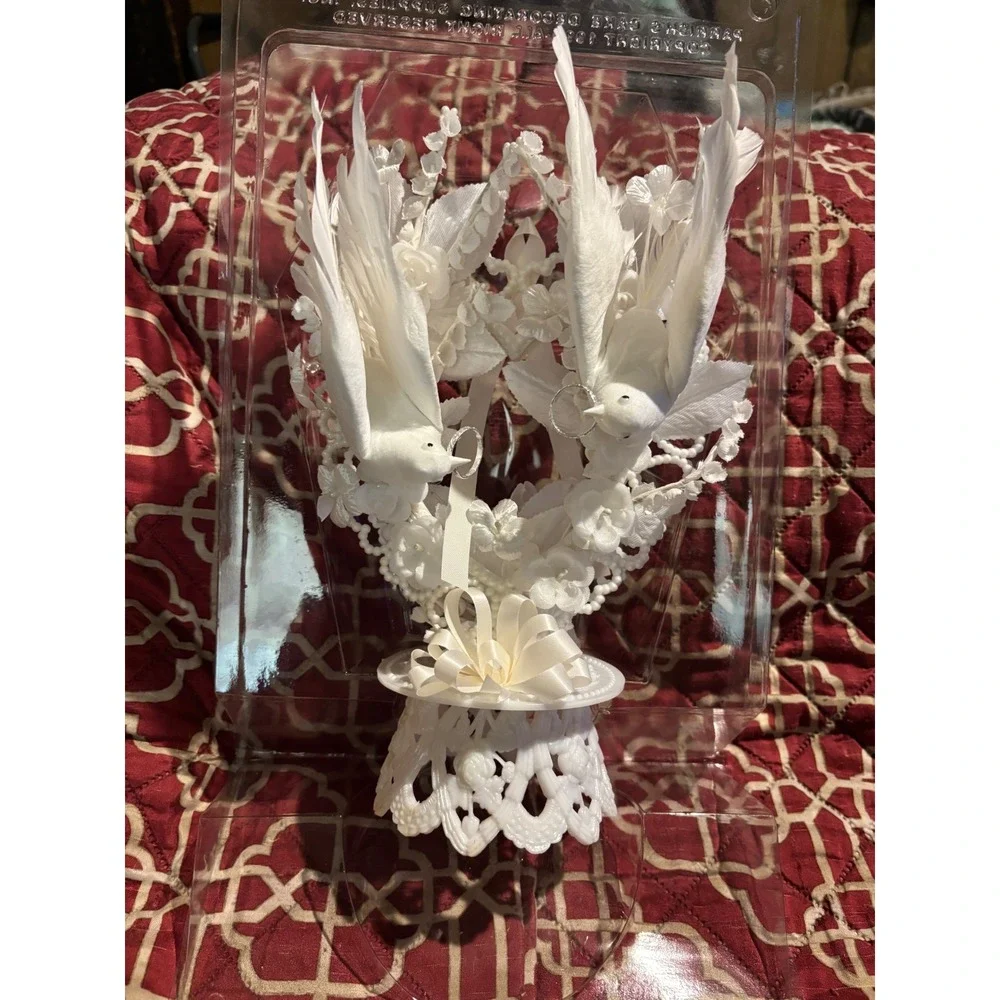 Vintage Parrish & Hennessey Wedding Cake Topper White Doves Heart Pearls 11in